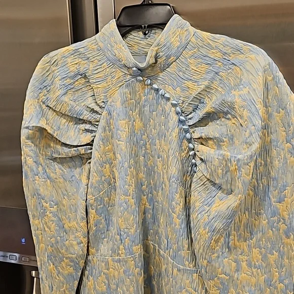 💕ROTATE💕 Button-Detailed Ruched Crinkled-Jacquard Mini Dress Angel Fall 8 NWOT - Picture 14 of 16